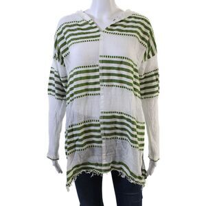 Lem Lem Womens Long Sleeve V Neck Striped Hooded Shirt White Green Size Medium